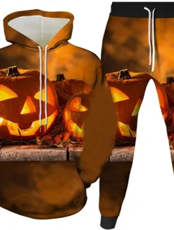 Best OUKU Halloween Men's Pumpkin 2pcs 3D Sweatshirt Sets Tracksuit Hoodie Sweatshirt Long Sleeve Long pants Hooded Casual Daily Athleisure Festival Outfit 3D Print Spring Fall Winter Black Blue Orange