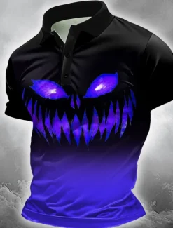Outlet OUKU Halloween Men's Pumpkin Polo Short Sleeve Polo Shirts Collared Shirts Casual Horror Dark Outdoor Athleisure Festival Outfit 3D Print Buttons Summer Blue Purple Orange