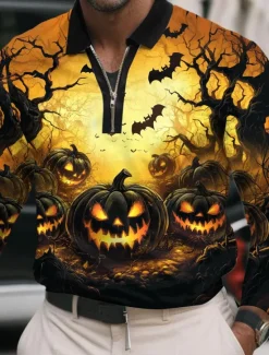 Hot OUKU Halloween Men's Pumpkin Polo Long Sleeve Polo Shirts Lapel Casual Street Daily Wear Festival Outfit 3D Print Quarter Zip Polo Spring Fall Winter Black Yellow Orange