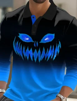Best OUKU Halloween Men's Pumpkin Polo Long Sleeve Polo Shirts Lapel Casual Street Athleisure Daily Wear 3D Print Buttons Spring Fall Winter Blue Purple Orange