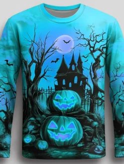 Online OUKU Halloween Men's Pumpkin T Shirt Long Sleeve T shirt 3D Print Crew Neck Shirt Fashion Exaggerated Street Casual Daily Blue Purple Orange Summer Spring Fall Clothing Apparel S M L XL XXL XXXL