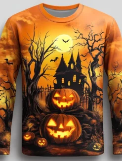 Online OUKU Halloween Men's Pumpkin T Shirt Long Sleeve T shirt 3D Print Crew Neck Shirt Fashion Exaggerated Street Casual Daily Blue Purple Orange Summer Spring Fall Clothing Apparel S M L XL XXL XXXL