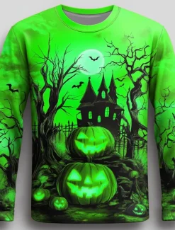 Online OUKU Halloween Men's Pumpkin T Shirt Long Sleeve T shirt 3D Print Crew Neck Shirt Fashion Exaggerated Street Casual Daily Blue Purple Orange Summer Spring Fall Clothing Apparel S M L XL XXL XXXL