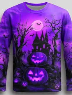 Online OUKU Halloween Men's Pumpkin T Shirt Long Sleeve T shirt 3D Print Crew Neck Shirt Fashion Exaggerated Street Casual Daily Blue Purple Orange Summer Spring Fall Clothing Apparel S M L XL XXL XXXL