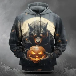 New OUKU Halloween Men's Pumpkin Werewolf Hoodie Hoodies Sweatshirt Fashion Cool Long Sleeve Hooded Pocket 3D Print Fall Winter Designer Black