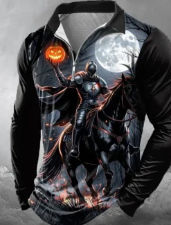Discount OUKU Halloween Men's Pumpkin Zip Polo Shirts Polo Shirts Lapel Casual Horror Dark Outdoor Festival Outfit 3D Print Spring Fall Winter Black Yellow Orange
