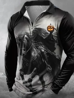Discount OUKU Halloween Men's Pumpkin Zip Polo Shirts Polo Shirts Lapel Casual Horror Dark Outdoor Festival Outfit 3D Print Spring Fall Winter Black Yellow Orange