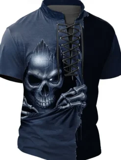 Online OUKU Halloween Men's Reaper Henley Shirt T shirt Tee Short Sleeve T shirt 3D Print Crew Neck Stand Collar Lace Up Neck Shirt Casual Street Sports Outdoor Casual Black Blue Brown Summer Spring All Seasons
