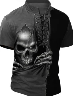 Online OUKU Halloween Men's Reaper Henley Shirt T shirt Tee Short Sleeve T shirt 3D Print Crew Neck Stand Collar Lace Up Neck Shirt Casual Street Sports Outdoor Casual Black Blue Brown Summer Spring All Seasons
