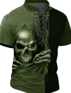 Online OUKU Halloween Men's Reaper Henley Shirt T shirt Tee Short Sleeve T shirt 3D Print Crew Neck Stand Collar Lace Up Neck Shirt Casual Street Sports Outdoor Casual Black Blue Brown Summer Spring All Seasons