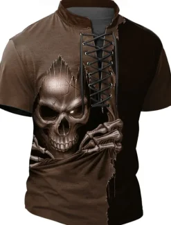 Online OUKU Halloween Men's Reaper Henley Shirt T shirt Tee Short Sleeve T shirt 3D Print Crew Neck Stand Collar Lace Up Neck Shirt Casual Street Sports Outdoor Casual Black Blue Brown Summer Spring All Seasons