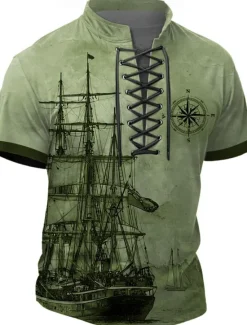 New OUKU Halloween Men's Ship Henley Shirt T shirt Tee Short Sleeve T shirt 3D Print Crew Neck Lace Up Neck Henley Shirt Retro Vintage Casual Vintage Retro Street Sports Outdoor Casual Blue Green Khaki Summer