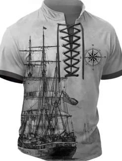 New OUKU Halloween Men's Ship Henley Shirt T shirt Tee Short Sleeve T shirt 3D Print Crew Neck Lace Up Neck Henley Shirt Retro Vintage Casual Vintage Retro Street Sports Outdoor Casual Blue Green Khaki Summer