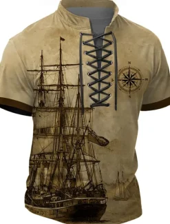 New OUKU Halloween Men's Ship Henley Shirt T shirt Tee Short Sleeve T shirt 3D Print Crew Neck Lace Up Neck Henley Shirt Retro Vintage Casual Vintage Retro Street Sports Outdoor Casual Blue Green Khaki Summer