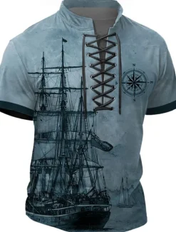 New OUKU Halloween Men's Ship Henley Shirt T shirt Tee Short Sleeve T shirt 3D Print Crew Neck Lace Up Neck Henley Shirt Retro Vintage Casual Vintage Retro Street Sports Outdoor Casual Blue Green Khaki Summer
