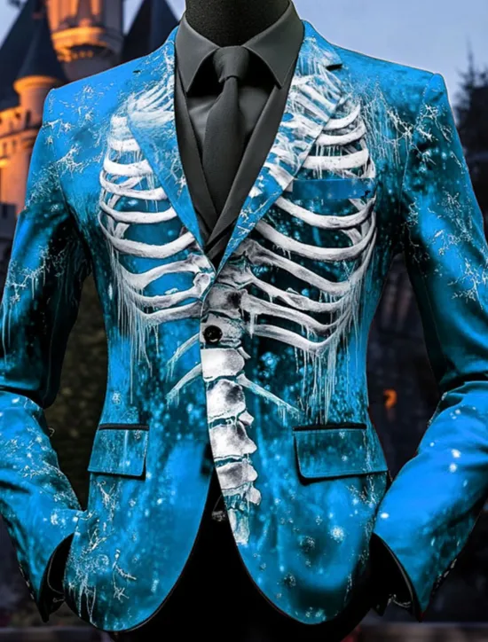 Discount OUKU Halloween Men's Skeleton Blazer Jacket Comfortable Casual Dark Party Evening Wear Daily Festival 3D Print Buttons Multi Pocket Spring Fall & Winter Notch Long Sleeve Red Blue Purple