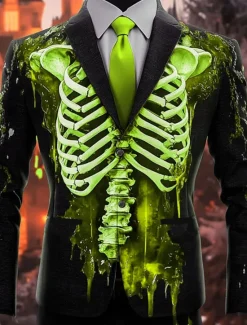 Best OUKU Halloween Men's Skeleton Blazer Jacket Casual Dark Festival 3D Print Spring Fall Winter Notch Long Sleeve Red Orange Green