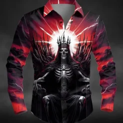 New OUKU Halloween Men's Skeleton King Death Shirt Button Up Shirt Long Sleeve Dark Punk Gothic Style Outdoor Holiday Summer Spring Turndown 3D Print Collared Shirts Red Purple Orange