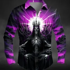 New OUKU Halloween Men's Skeleton King Death Shirt Button Up Shirt Long Sleeve Dark Punk Gothic Style Outdoor Holiday Summer Spring Turndown 3D Print Collared Shirts Red Purple Orange