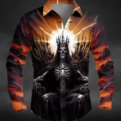 New OUKU Halloween Men's Skeleton King Death Shirt Button Up Shirt Long Sleeve Dark Punk Gothic Style Outdoor Holiday Summer Spring Turndown 3D Print Collared Shirts Red Purple Orange