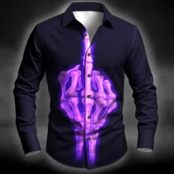 Sale OUKU Halloween Men's Skeleton Middle Finger Halloween Costumes Shirt Button Up Shirt Long Sleeve Dark Punk Gothic Style Outdoor Holiday Summer Spring Turndown 3D Print Collared Shirts Blue Purple Orange