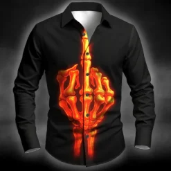 Sale OUKU Halloween Men's Skeleton Middle Finger Halloween Costumes Shirt Button Up Shirt Long Sleeve Dark Punk Gothic Style Outdoor Holiday Summer Spring Turndown 3D Print Collared Shirts Blue Purple Orange