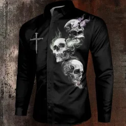 Best OUKU Halloween Men's Skull Christian Halloween Costumes Shirt Button Up Shirt Long Sleeve Casual Dark Party Evening Wear Daily Fall Winter Spring & Summer Turndown Shirt Collar Button Up 3D Print Black