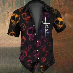Best OUKU Halloween Men's Skull Cross Halloween Costumes Shirt Button Up Shirt Short Sleeve Dark Gothic Style Holiday Summer Spring Turndown 3D Print Collared Shirts Black 1 Black