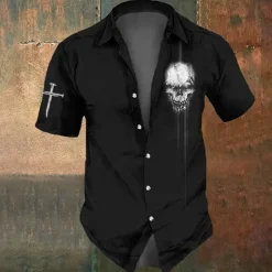 OUKU Halloween Men's Skull Cross Halloween Costumes Shirt Button Up Shirt Short Sleeve Dark Gothic Style Holiday Summer Spring Turndown 3D Print Collared Shirts Black 1 Black