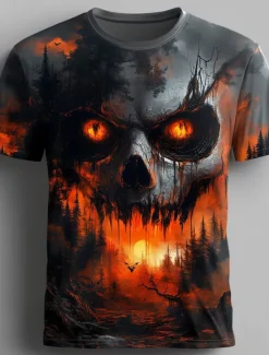 OUKU Halloween Men's Skull 3D Flame T Shirt Short Sleeve T shirt 3D Print Crew Neck Shirt Exaggerated Designer Horror Party Street Casual Black 1 Black Black 2 Summer Spring All Seasons Clothing Apparel S