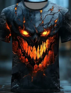 OUKU Halloween Men's Skull 3D Flame T Shirt Short Sleeve T shirt 3D Print Crew Neck Shirt Exaggerated Designer Horror Party Street Casual Black 1 Black Black 2 Summer Spring All Seasons Clothing Apparel S