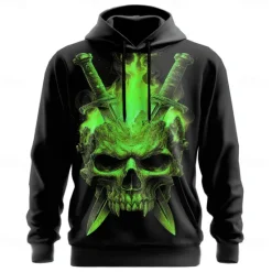 Hot OUKU Halloween Men's Skull 3D Hoodies Sweatshirt Punk Exaggerated Long Sleeve Crew Neck Club Streetwear Blue Purple Drawstring Graphic Fall Winter Designer