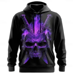 Hot OUKU Halloween Men's Skull 3D Hoodies Sweatshirt Punk Exaggerated Long Sleeve Crew Neck Club Streetwear Blue Purple Drawstring Graphic Fall Winter Designer