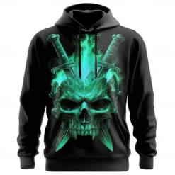 Hot OUKU Halloween Men's Skull 3D Hoodies Sweatshirt Punk Exaggerated Long Sleeve Crew Neck Club Streetwear Blue Purple Drawstring Graphic Fall Winter Designer
