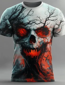Clearance OUKU Halloween Men's Skull 3D Reaper T Shirt Short Sleeve T shirt 3D Print Crew Neck Round Neck Shirt Exaggerated Designer Horror Party Street Casual Black 1 Black Red Summer Spring All Seasons Clothing
