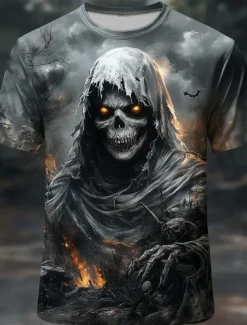 Clearance OUKU Halloween Men's Skull 3D Reaper T Shirt Short Sleeve T shirt 3D Print Crew Neck Round Neck Shirt Exaggerated Designer Horror Party Street Casual Black 1 Black Red Summer Spring All Seasons Clothing