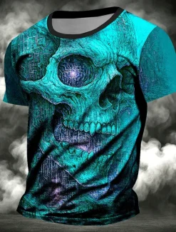 Outlet OUKU Halloween Men's Skull 3D T Shirt Short Sleeve T shirt 3D Print Crew Neck Shirt Exaggerated Designer Horror Party Street Holiday Red Blue Summer Spring All Seasons Clothing Apparel S M L XL XXL XXXL