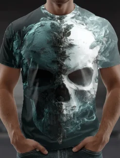 Clearance OUKU Halloween Men's Skull 3D T Shirt Short Sleeve T shirt 3D Print Crew Neck Shirt Exaggerated Designer Horror Party Street Casual Blue Purple Brown Summer Spring All Seasons Clothing Apparel S M L XL