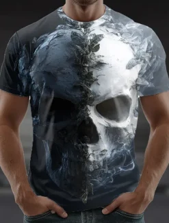 Clearance OUKU Halloween Men's Skull 3D T Shirt Short Sleeve T shirt 3D Print Crew Neck Shirt Exaggerated Designer Horror Party Street Casual Blue Purple Brown Summer Spring All Seasons Clothing Apparel S M L XL