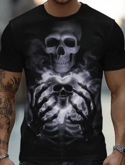 Best OUKU Halloween Men's Skull 3D T Shirt Short Sleeve T shirt 3D Print Crew Neck Shirt Fashion Exaggerated Daily Party Street Casual Yellow Red Blue Summer Spring All Seasons Clothing Apparel S M L XL XXL