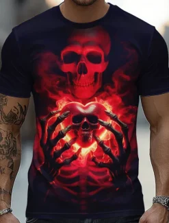 Best OUKU Halloween Men's Skull 3D T Shirt Short Sleeve T shirt 3D Print Crew Neck Shirt Fashion Exaggerated Daily Party Street Casual Yellow Red Blue Summer Spring All Seasons Clothing Apparel S M L XL XXL