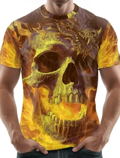 Hot OUKU Halloween Men's Skull 3D T Shirt Crew Neck Clothing Apparel 3D Print Party Street Holiday Short Sleeve Graphic Exaggerated Designer