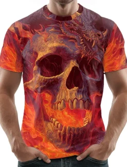 Hot OUKU Halloween Men's Skull 3D T Shirt Crew Neck Clothing Apparel 3D Print Party Street Holiday Short Sleeve Graphic Exaggerated Designer