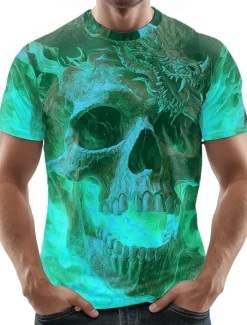 Hot OUKU Halloween Men's Skull 3D T Shirt Crew Neck Clothing Apparel 3D Print Party Street Holiday Short Sleeve Graphic Exaggerated Designer