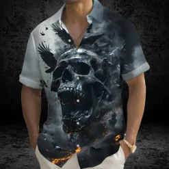Online OUKU Halloween Men's Skull Death Halloween Costumes Shirt Summer Shirt Button Up Shirt Short Sleeve Dark Gothic Style Holiday Summer Spring Turndown 3D Print Collared Shirts Front One Pocket Brown Dark