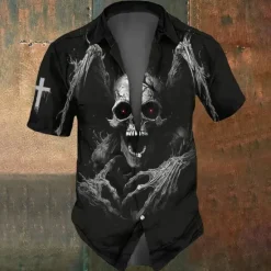Clearance OUKU Halloween Men's Skull Death Halloween Costumes Shirt Button Up Shirt Short Sleeve Dark Gothic Style Holiday Summer Spring Turndown 3D Print Collared Shirts Black 1 Black
