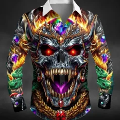 Sale OUKU Halloween Men's Skull Dragon Flame Shirt Button Up Shirt Long Sleeve Dark Punk Gothic Style Outdoor Holiday Summer Spring Turndown 3D Print Collared Shirts Purple Orange Green