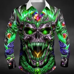 Sale OUKU Halloween Men's Skull Dragon Flame Shirt Button Up Shirt Long Sleeve Dark Punk Gothic Style Outdoor Holiday Summer Spring Turndown 3D Print Collared Shirts Purple Orange Green