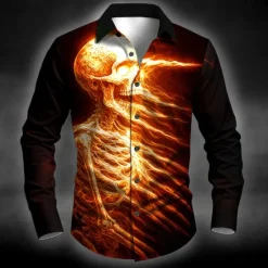 Outlet OUKU Halloween Men's Skull Flame Halloween Costumes Shirt Button Up Shirt Long Sleeve Dark Punk Gothic Style Outdoor Holiday Summer Spring Turndown 3D Print Collared Shirts Blue Purple Orange Green Gray