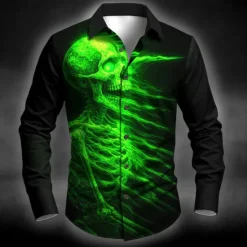 Outlet OUKU Halloween Men's Skull Flame Halloween Costumes Shirt Button Up Shirt Long Sleeve Dark Punk Gothic Style Outdoor Holiday Summer Spring Turndown 3D Print Collared Shirts Blue Purple Orange Green Gray